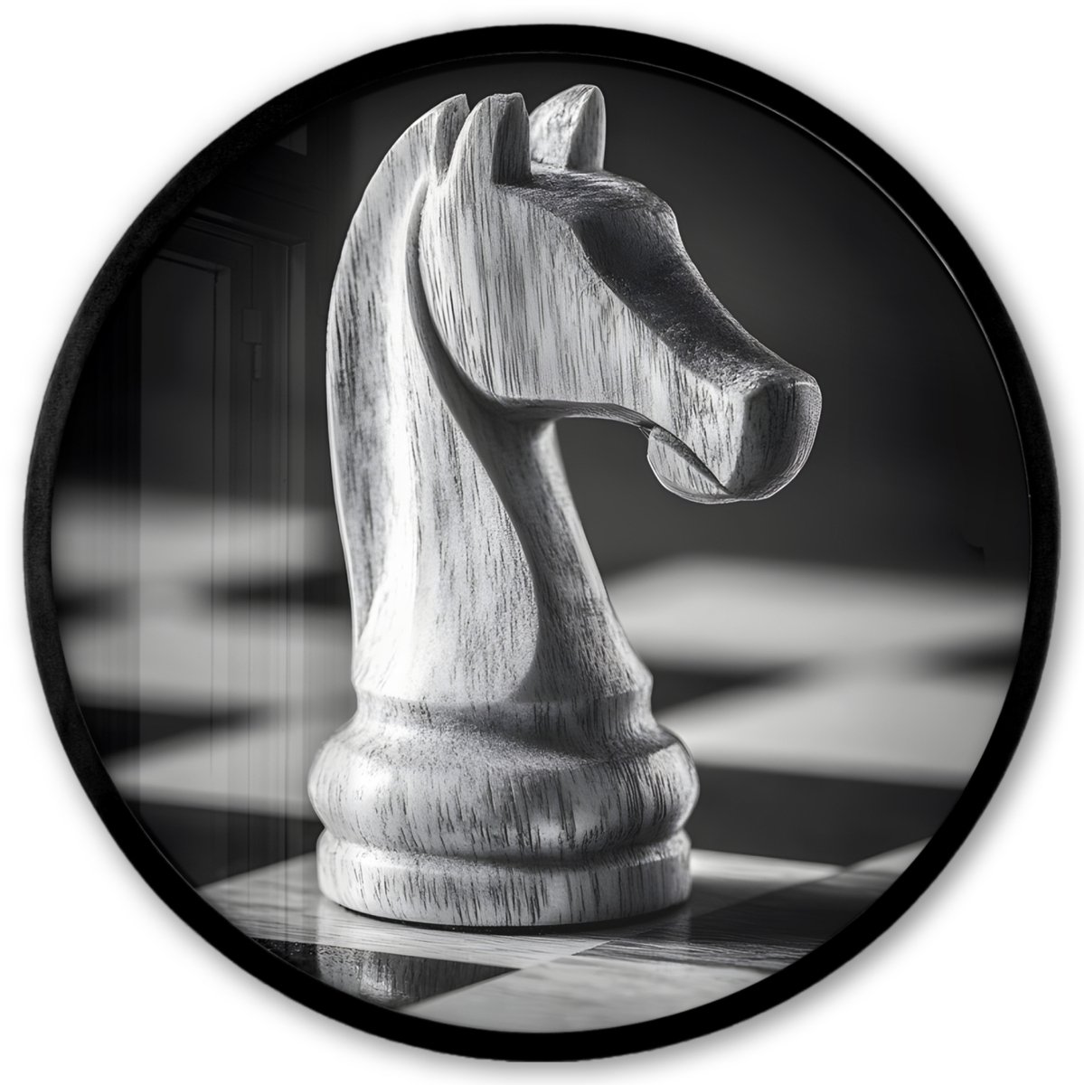 FrameYourWall Poster in lijst Rond - Fotolijst 40x40 cm - Posters - Paard - Hout - Schaalbord - Zwart - Ronde posterlijst zwart - Decoratie - Wanddecoratie woonkamer - Muurdecoratie slaapkamer Paard - Schaakbord