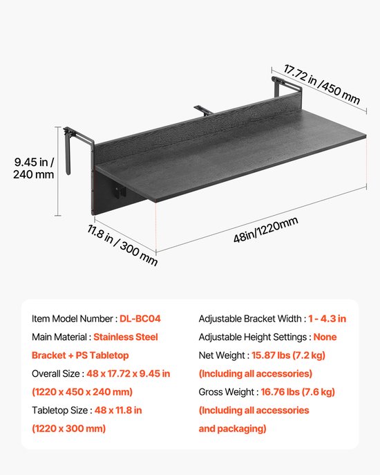 VEVOR Balkontafel Hangtafel Balkon Hangtafel Opvouwbaar Opvouwbare tafel 1220x300mm van Merkloos — afbeelding 2