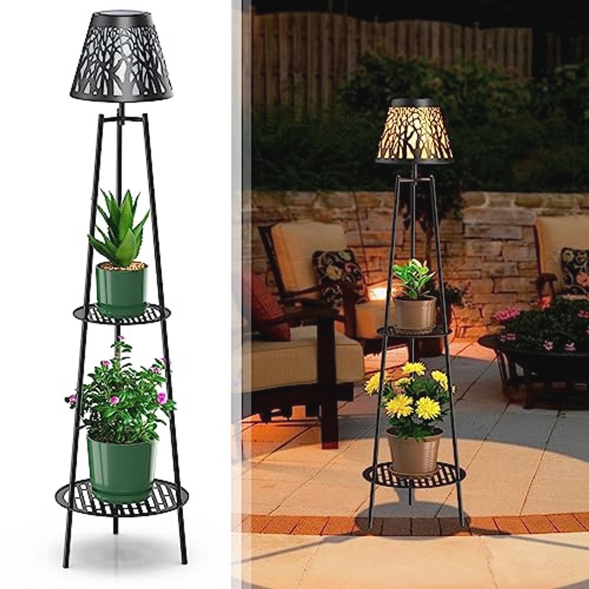 Metalen solarlampen voor buiten met plantenhouders - 114,5 cm staande lantaarns voor tuin en veranda