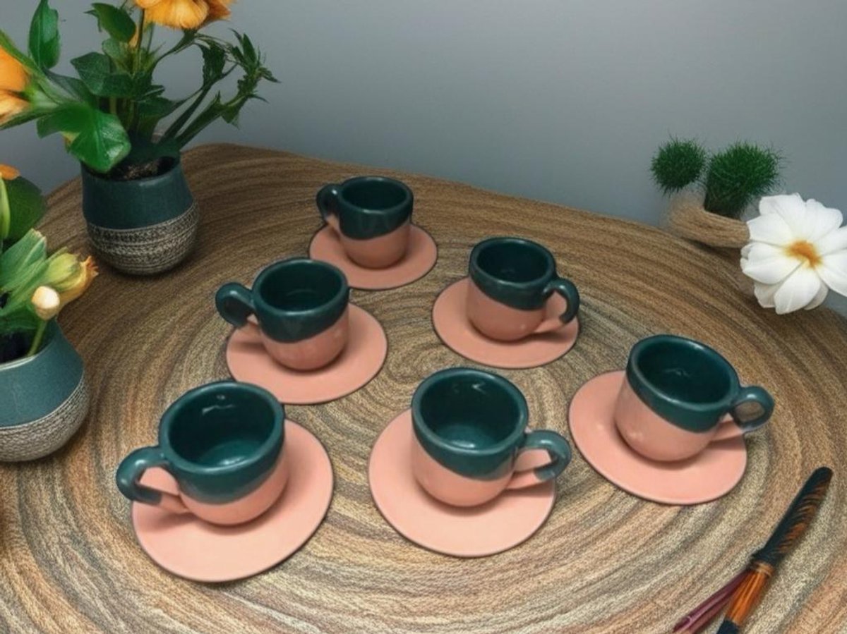 Keramiek espressoset - handgemaakte koffie kopjes en schoteltjes - 6 stuks - vaatwasbestendig en ovenbestendig