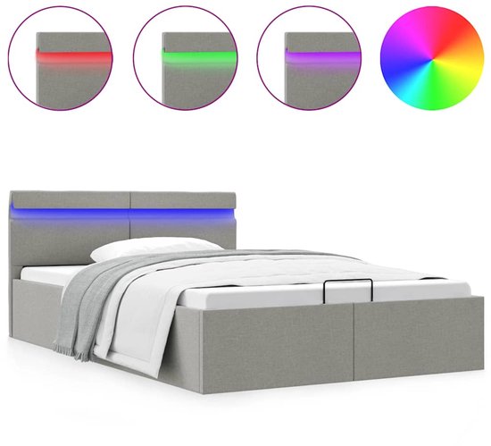 Volwassen bed 140x200 cm - met hoofdbord met opbergruimte, 4 lades, USB/Type-C - linnen - grijs - inclusief matras