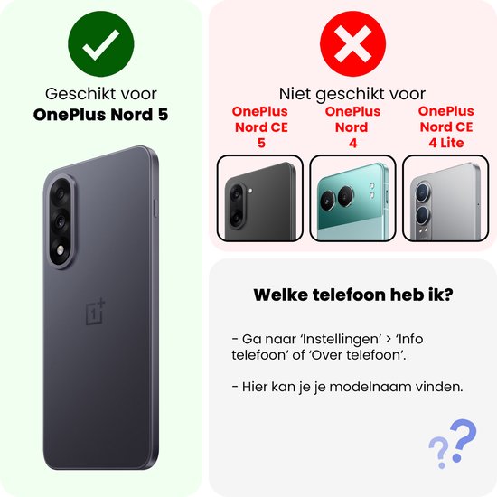 Grijze OnePlus Nord 5 telefoon in transparante hoes. Links is hij geschikt, rechts niet voor OnePlus Nord CE 5, 4 en 4 Lite.