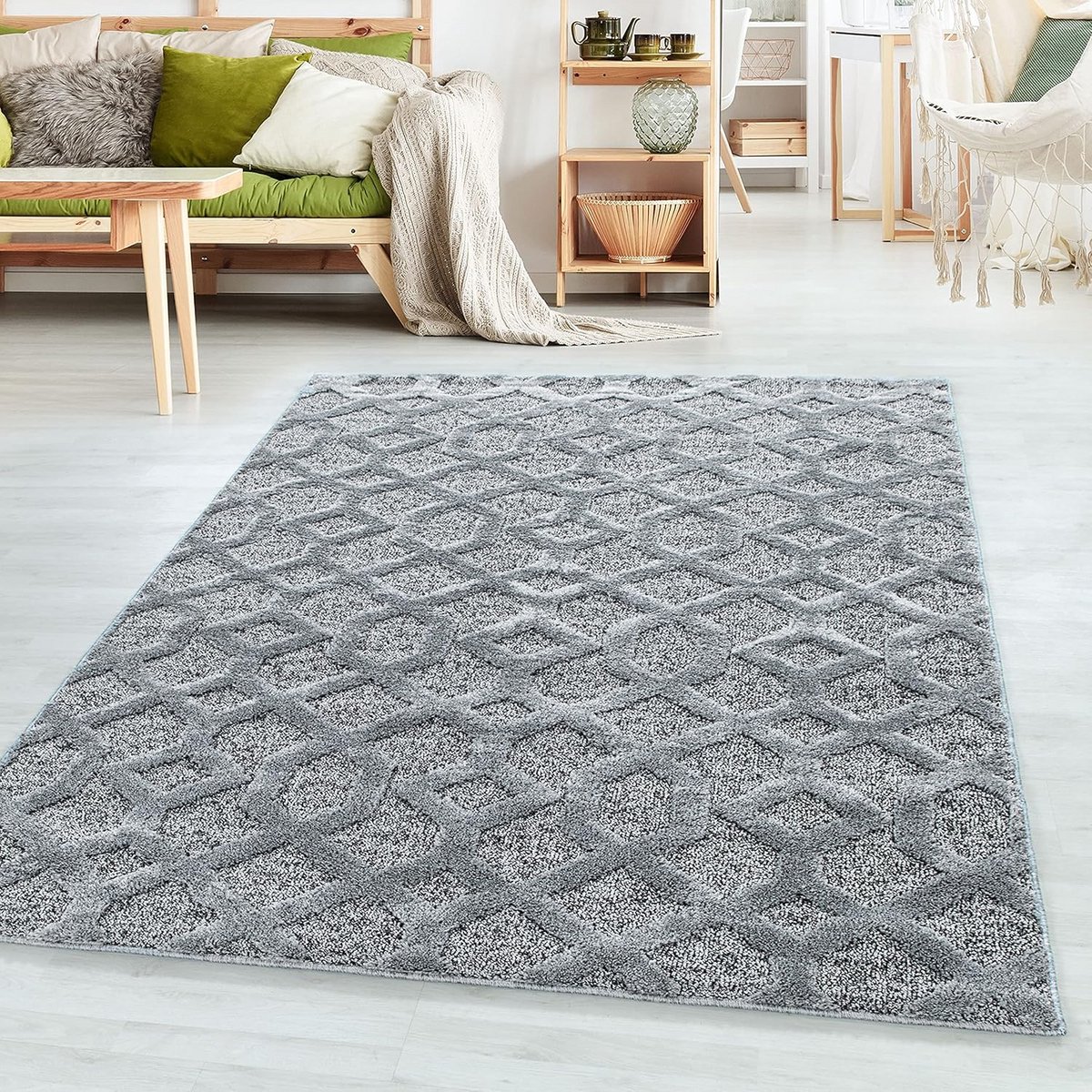 Ronde Vloerkleed Laagpolig Grijs 3D Rasterpatroon Geschikt Vloerverwarming