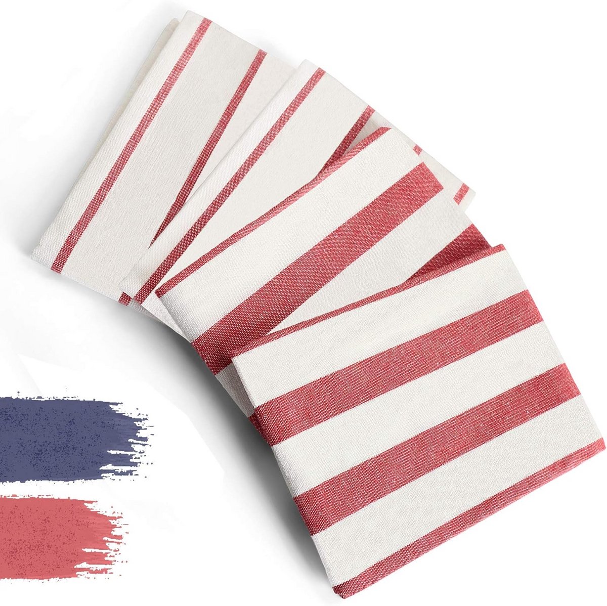 Set van 4 Katoenen Theedoeken Rood Wit Gestreept - 40x60 cm Keukentextiel