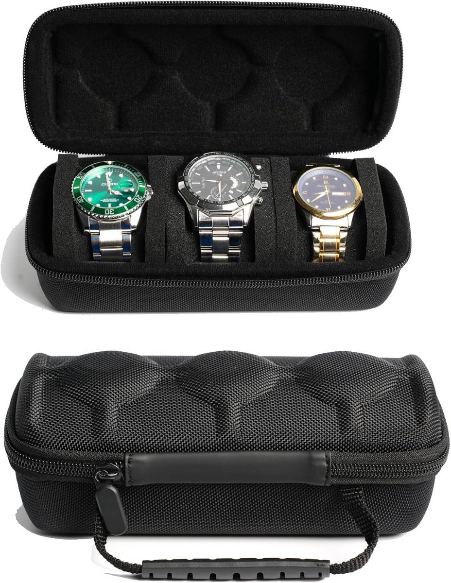 3-Vakken Horloge Reisrolhouder - Draagtas voor Opslag en Transport van Mannen- en Vrouwenhorloges tot 60mm - Voorzien van Schuimkussens voor Veilige Passieve Bescherming