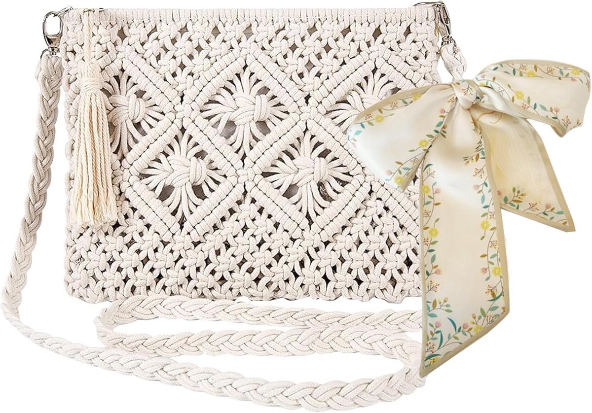 Witte Gehaakte Crossbody Tas Dames - Handgemaakte Zomer Schoudertas