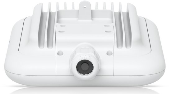 Witte buiten access point met ribbels aan de bovenkant en een grijze aansluiting aan de onderkant.