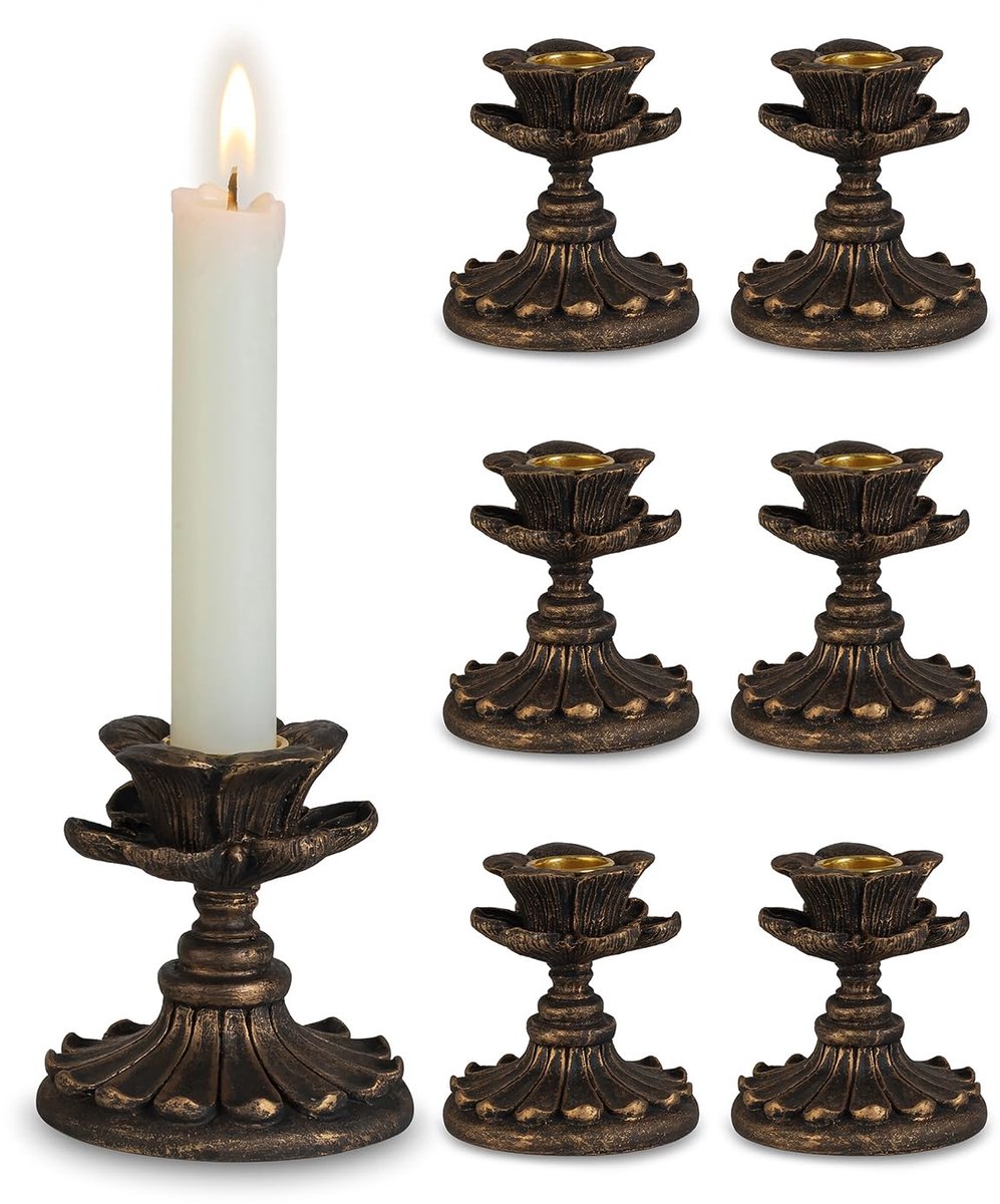 Unyqoos Set van zes antieke kandelaars met bloemdesign voor sfeervolle decoratie, antiek zwart brons,8*8cm, 6 stuks