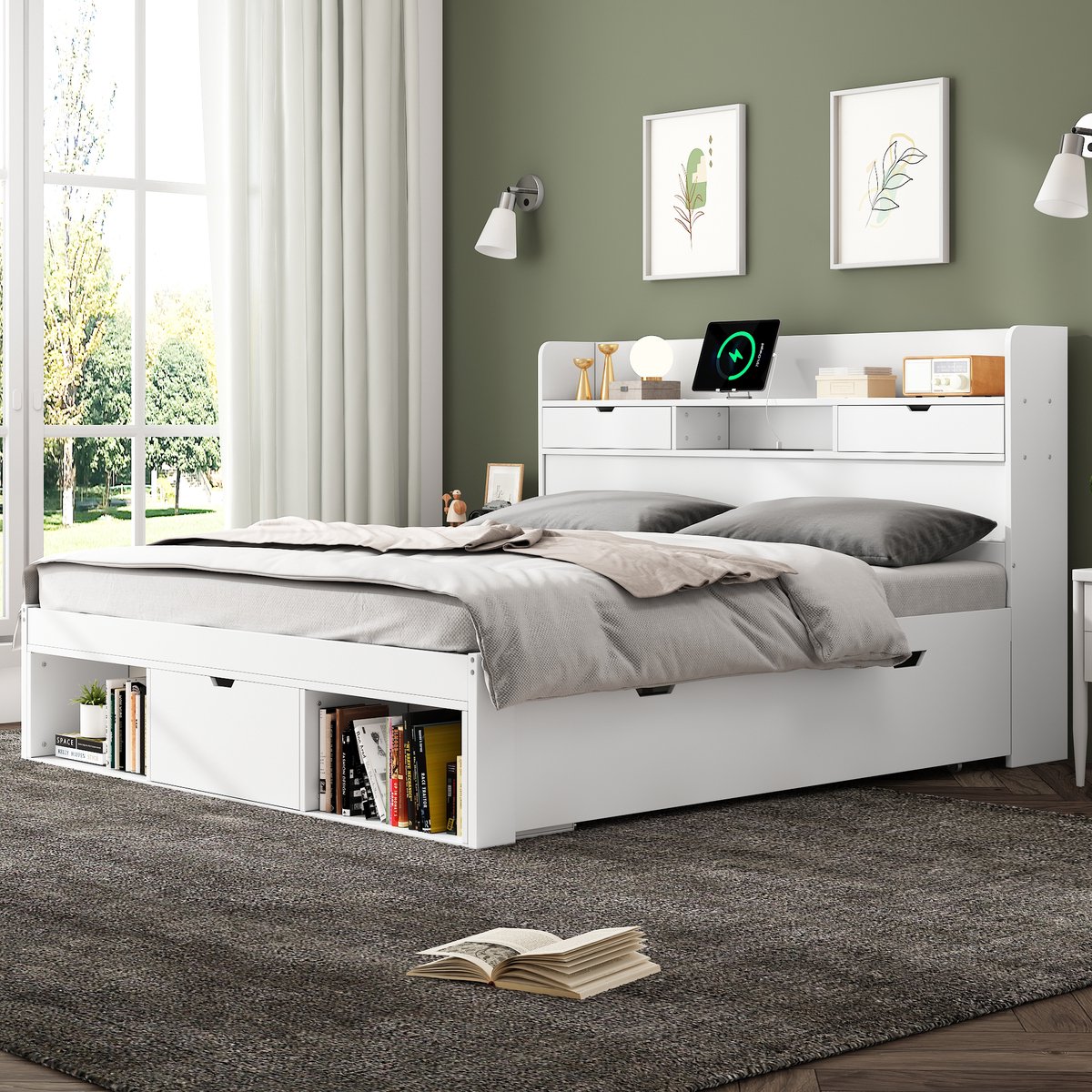 OKWISH Bed 180x200cm - Multifunctioneel Met USB & Type-C Aansluiting - Met Lades En Opbergkast - Voor Kinderen - Grenen MDF - Wit - Zonder matras