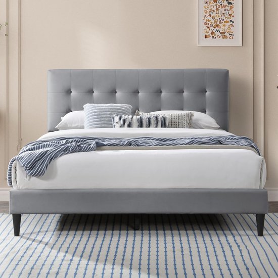 Gestoffeerde Boxspring 160x200 cm of 140x200 cm - Zacht Grijze Afwerking, Verstelbare Hoofdsteun en Ingebouwde Lattenbodem