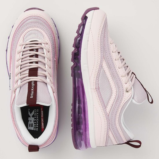 Roze lage sneakers met paarse luchtdemping en bordeauxrode lussen, met "British Knights" op de tong.