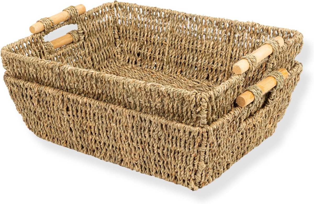 Set van 2 Zeegras Opbergmanden met Houten Handvatten - Geweven Riet Manden voor Planken