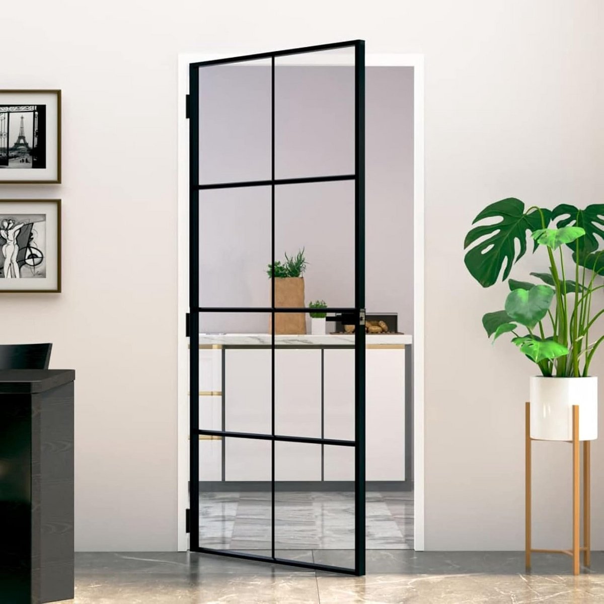 Moderne Binnendeur met Verhard Glas en Zwart Aluminium Frame (93x201,5 cm)