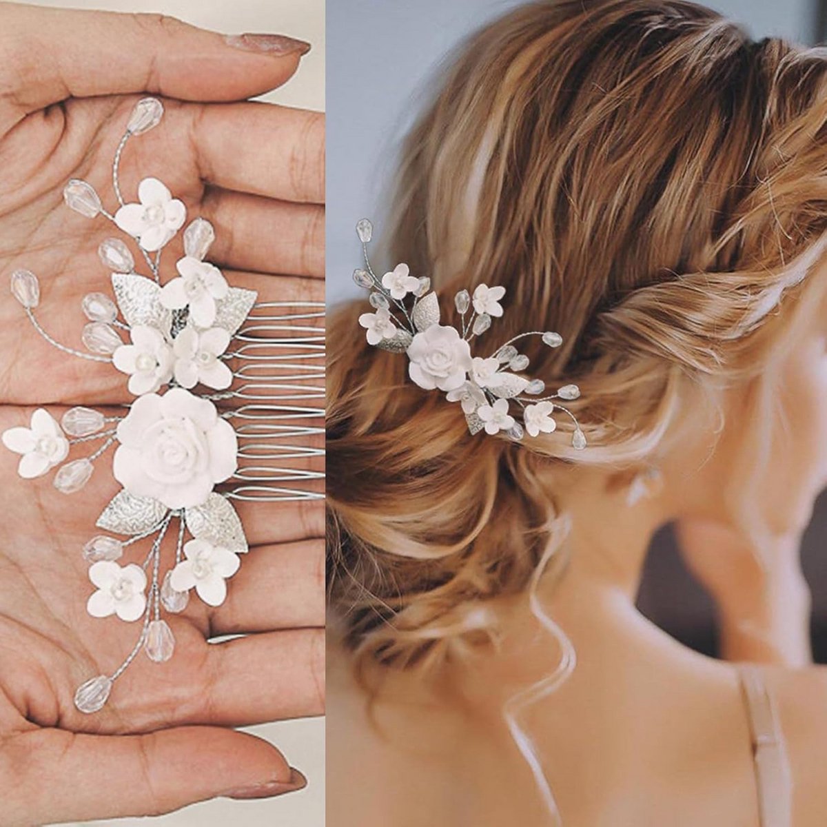Zilveren Bruidshaarkam met Kristal en Bloemdecoratie voor Bruiloft en Feest