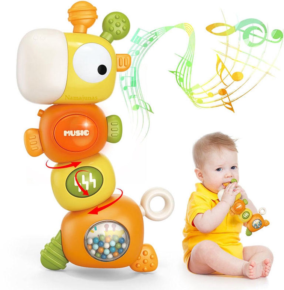 Namajunas - Montessori Speelgoed vanaf Baby 6-9-12-36 maand - Educatief speelgoed voor baby's - Baby-bijtspeeltjes - Baby sensorisch speelgoed - Muzikaal bijtspeeltje voor baby's - De vorm van een giraffe - Oranje - Verjaardagscadeau voor baby