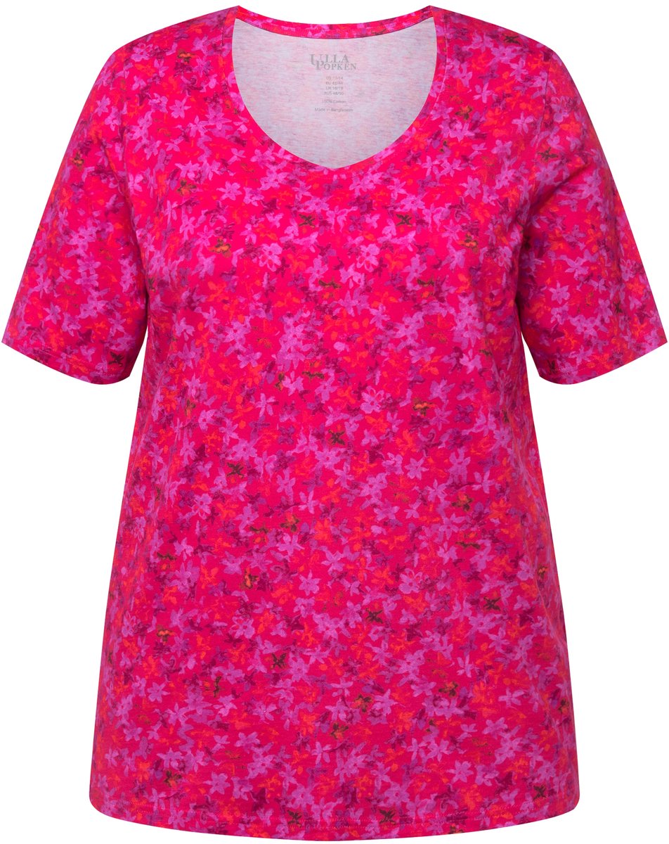 Ulla Popken - Dames - Longshirt met patroon ronde hals korte mouwen - Frambozenpuree - Maat 66+