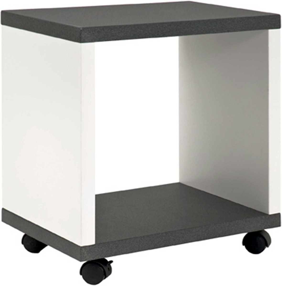Moderne Bijzettafel met Wielen en Opbergvakken - Trolley in Granietlook en Wit