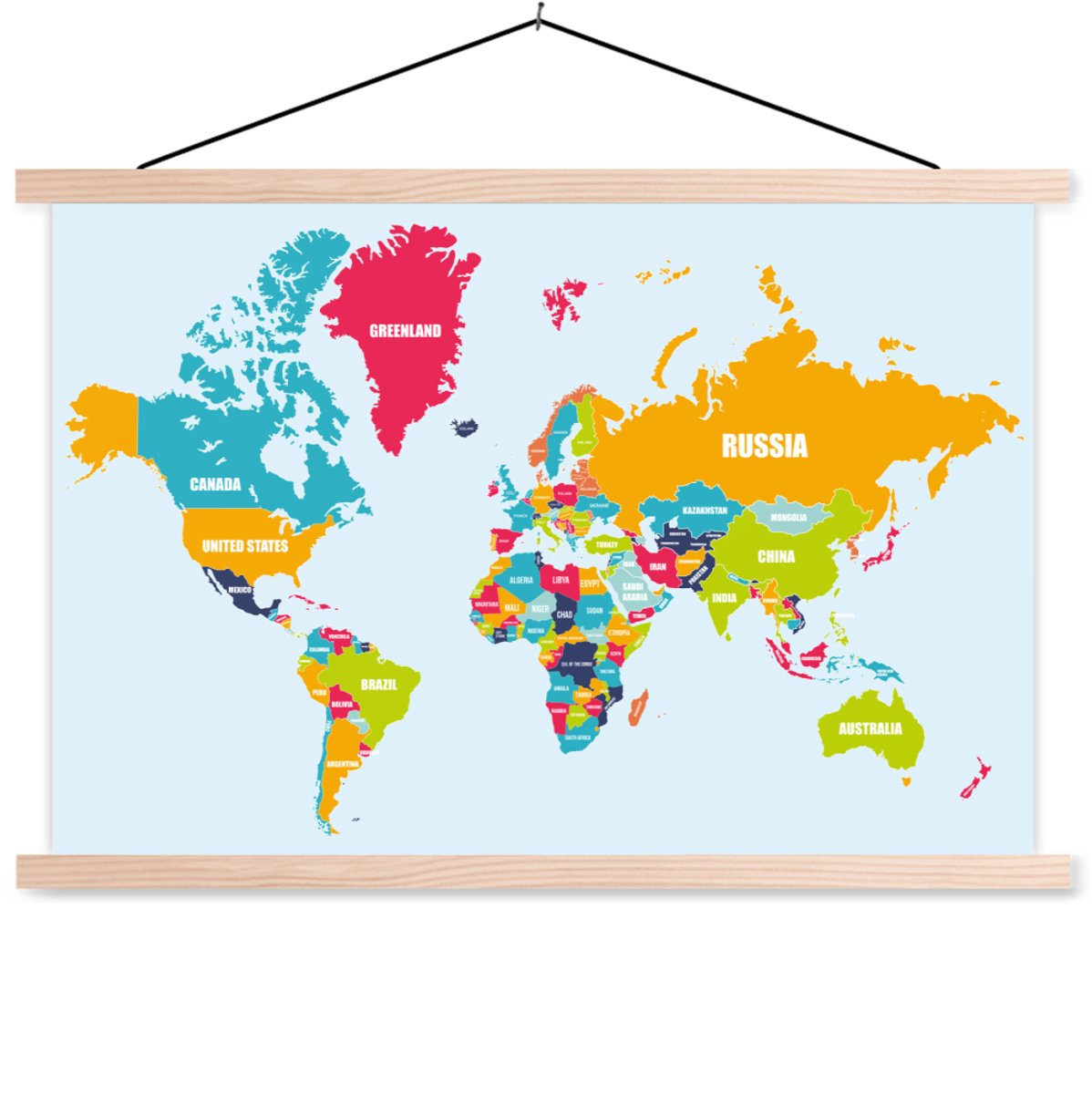 Posterhanger incl. Poster 120x80 cm - Schoolplaat - Wereldkaart - Kleuren - Letters - Kinderen - Jongens - Meisjes - Textielposter - Blanke latten