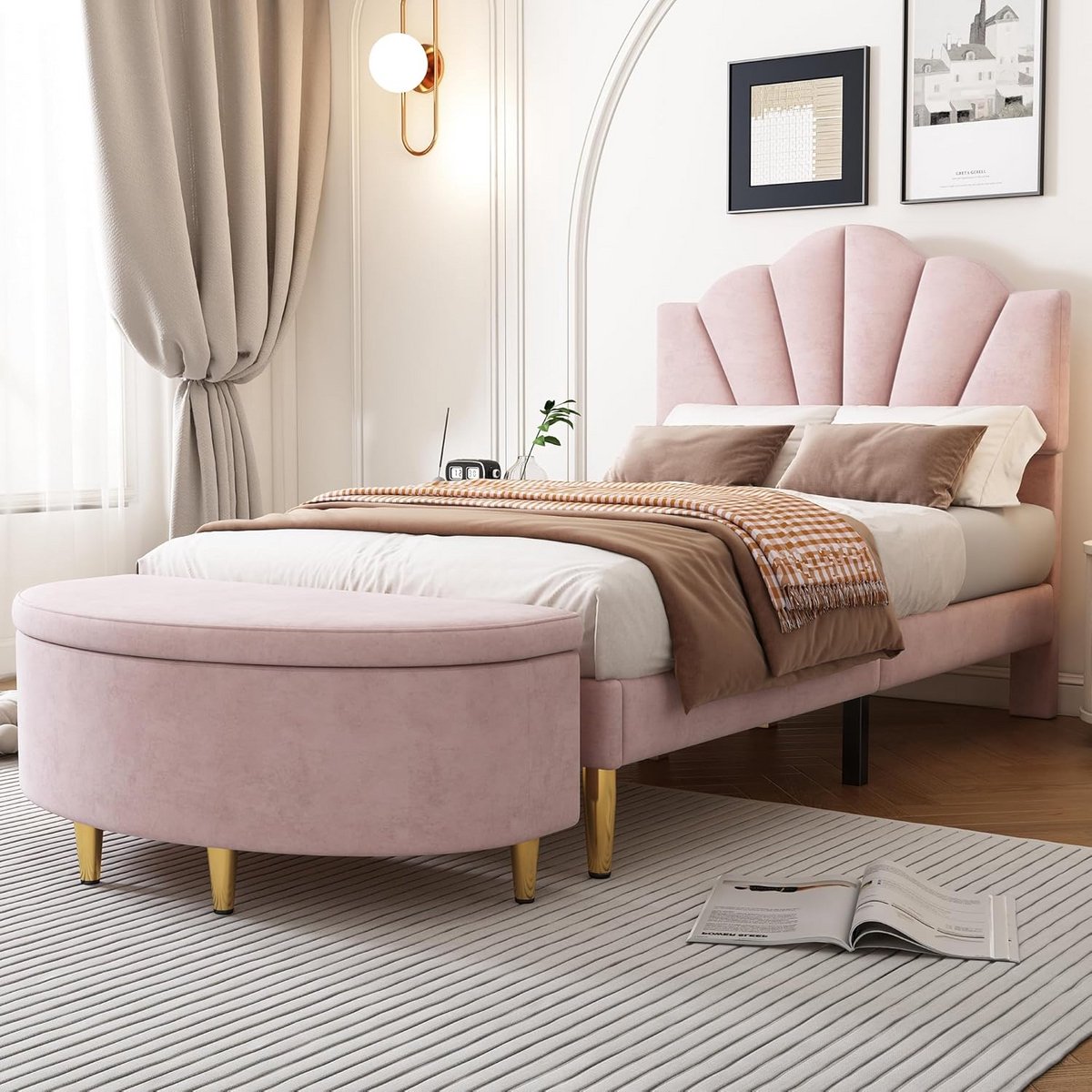 Gestoffeerd Eenpersoonsbed 90x200 cm met Opbergruimte en Verstelbaar Hoofdeinde - Schelpdesign Roze
