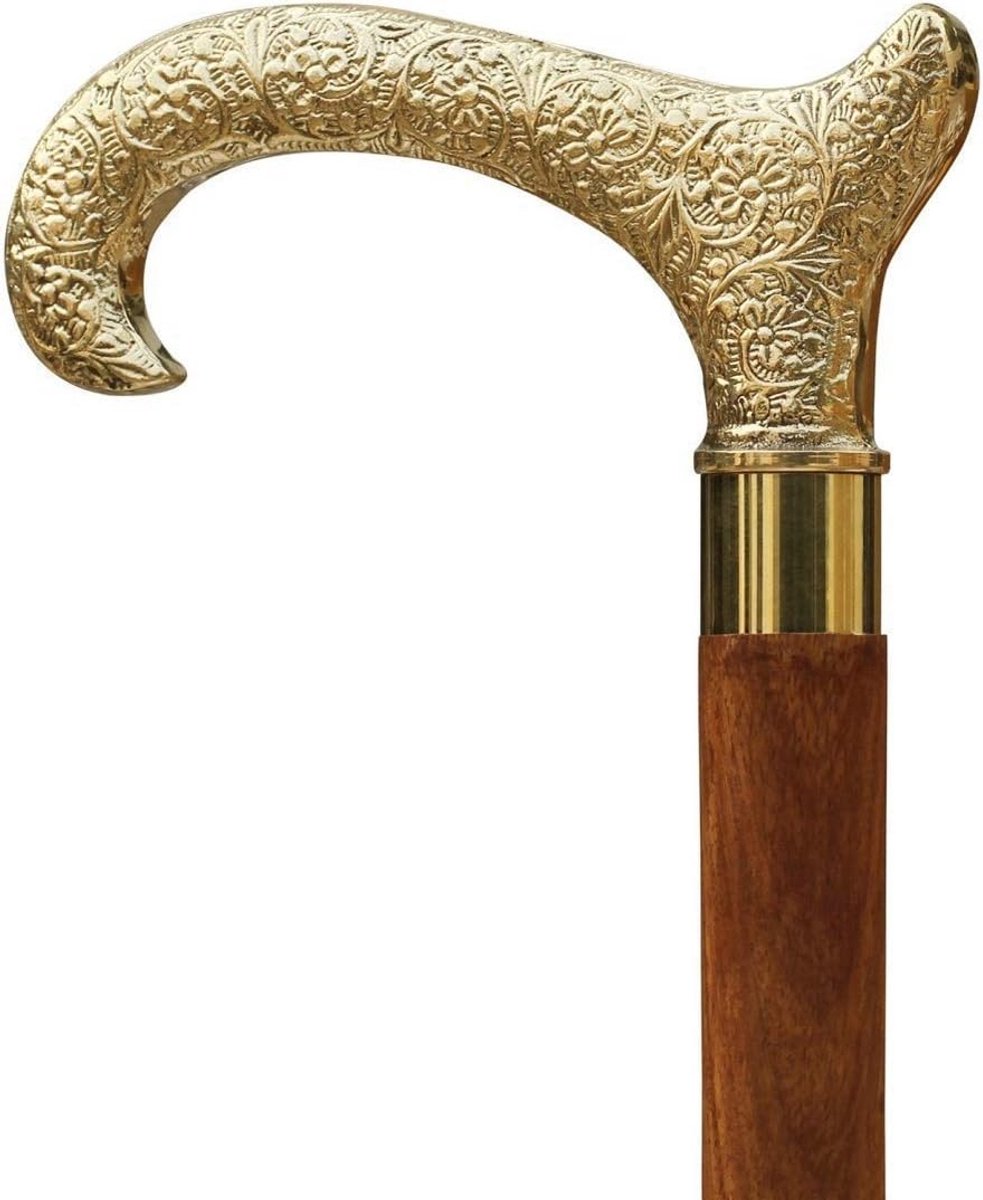 Houten Wandelstok Stijlvol Met Gouden Handvat - Vintage Antiek Model voor Heren & Dames