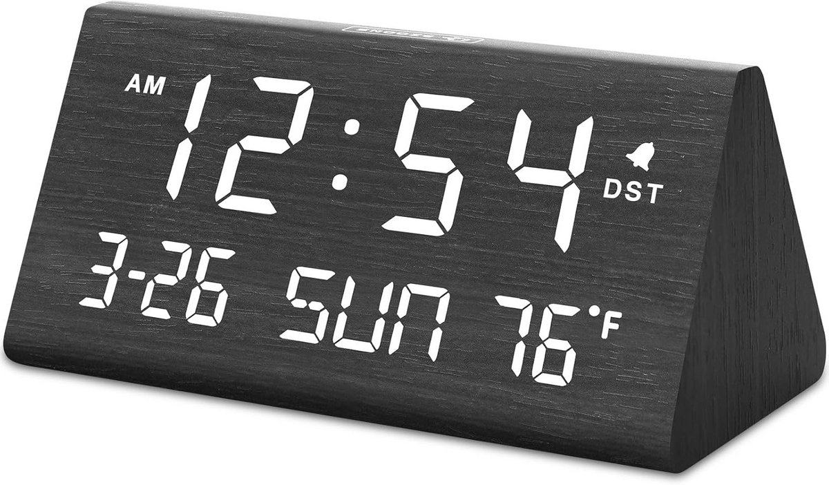 Digitale Wekker Hout met Datum, USB Oplader en Helderheidsregeling