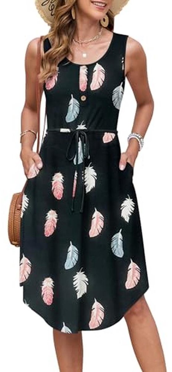 Zomerjurk Dames Mouwloos Ronde Hals Midi Casual Jurk met Zakken