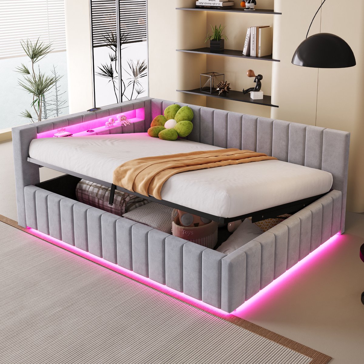 STILVORA Gestoffeerd Bed 140x200cm - LED En USB Aansluiting - Hydraulisch Opbergvak Onderbed - Gepolsterd Hoofdeinde En Rugleuning - Zonder matras - Lichtgrijs