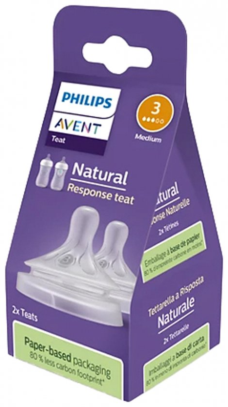 Tétines Philips Avent Natural Response taille '3' dans un emballage violet avec indication de débit '1m+'. Emballage à base de papier.