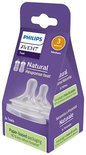 Tétines Philips Avent Natural Response taille '3' dans un emballage violet avec indication de débit '1m+'. Emballage à base de papier.