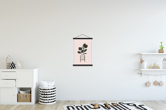 Illustration d'une plant aux feuilles ovales foncées sur fond rose 40x60 cm