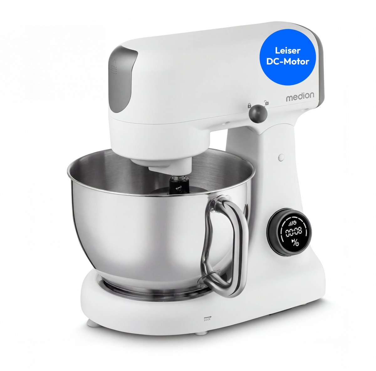 MEDION keukenmachine met hakmolen (800 watt, gelijkstroommotor, roestvrijstalen kom van 4,6 liter, energiebesparend, ultrastil, digitaal sensor-touch-display, MD12600) Wit