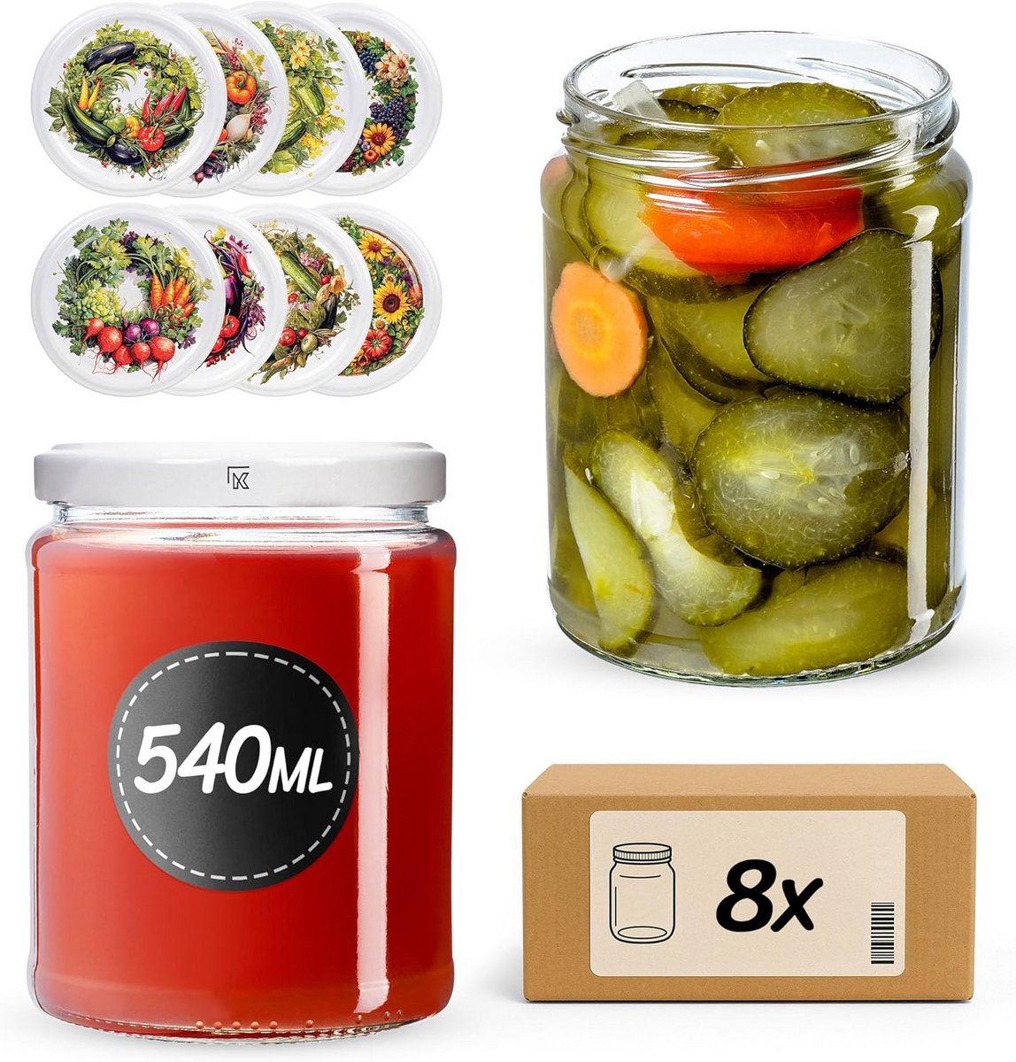 Weckpotten 540 ml met Schroefdeksel - Set van 8 - Ideaal voor Bewaren en Inmaken