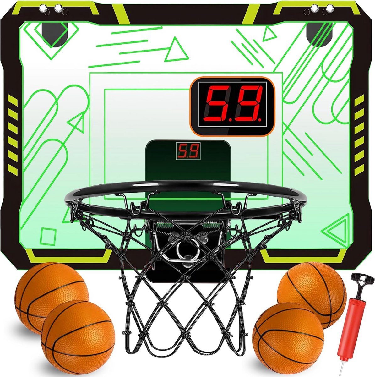 Over Deur Basketbalring met LED Licht, Scoreteller en 4 Ballen voor Binnen en Buiten