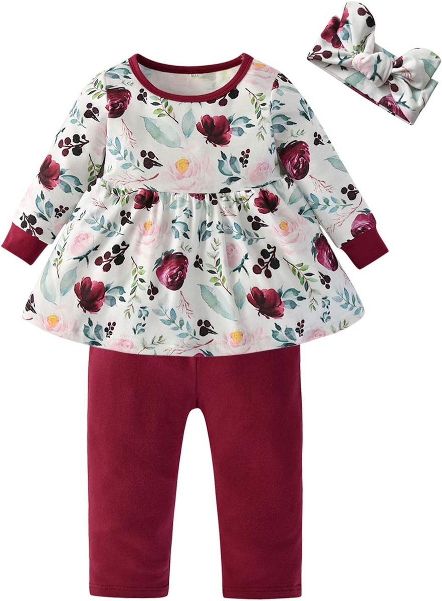Schattige Baby Meisjes Set: Shirt met Ruches, Bloemenbroek en Hoofdband