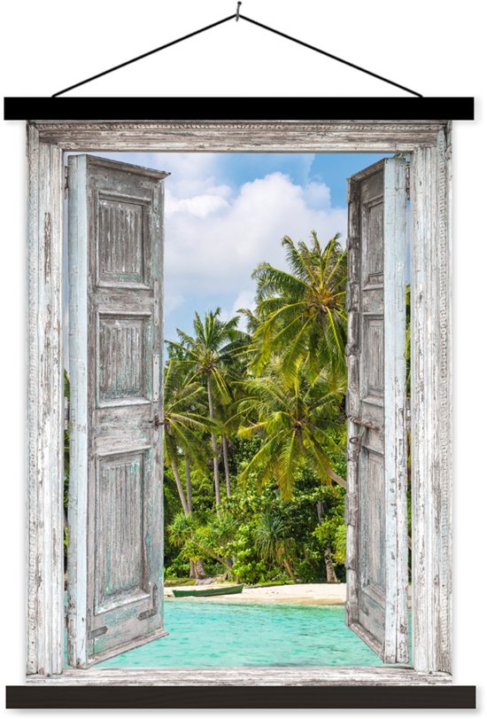 Posterhanger incl. Poster 40x53 cm - Schoolplaat - Palm - Zee - Doorkijk - Tropisch - Textielposter - Zwarte latten