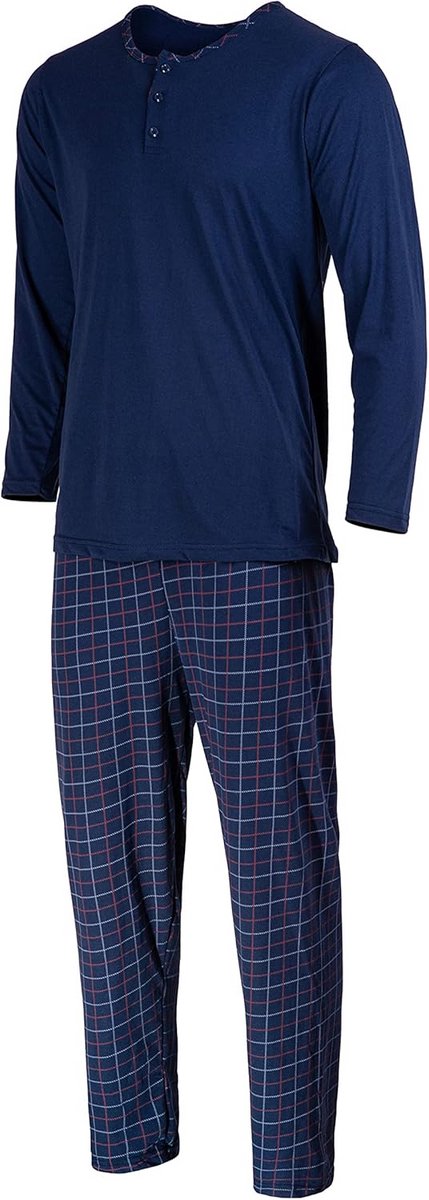 Heren Lange Pyjama Set van Katoen met Lange Mouwen en Geruite Broek