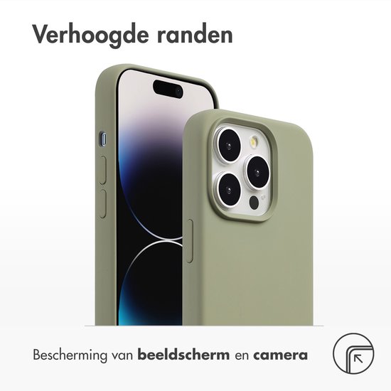 Donkergroen telefoonhoesje met verhoogde randen naast een smartphone. Tekst: 'Bescherming van beeldscherm en camera'.