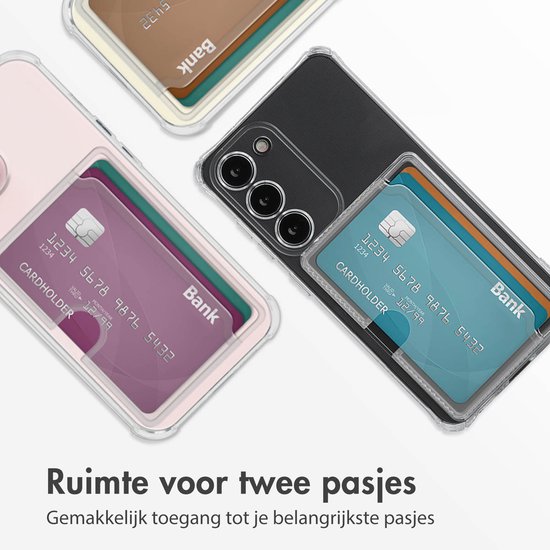 Transparante hoes met ruimte voor twee pasjes, één paars en één blauw.