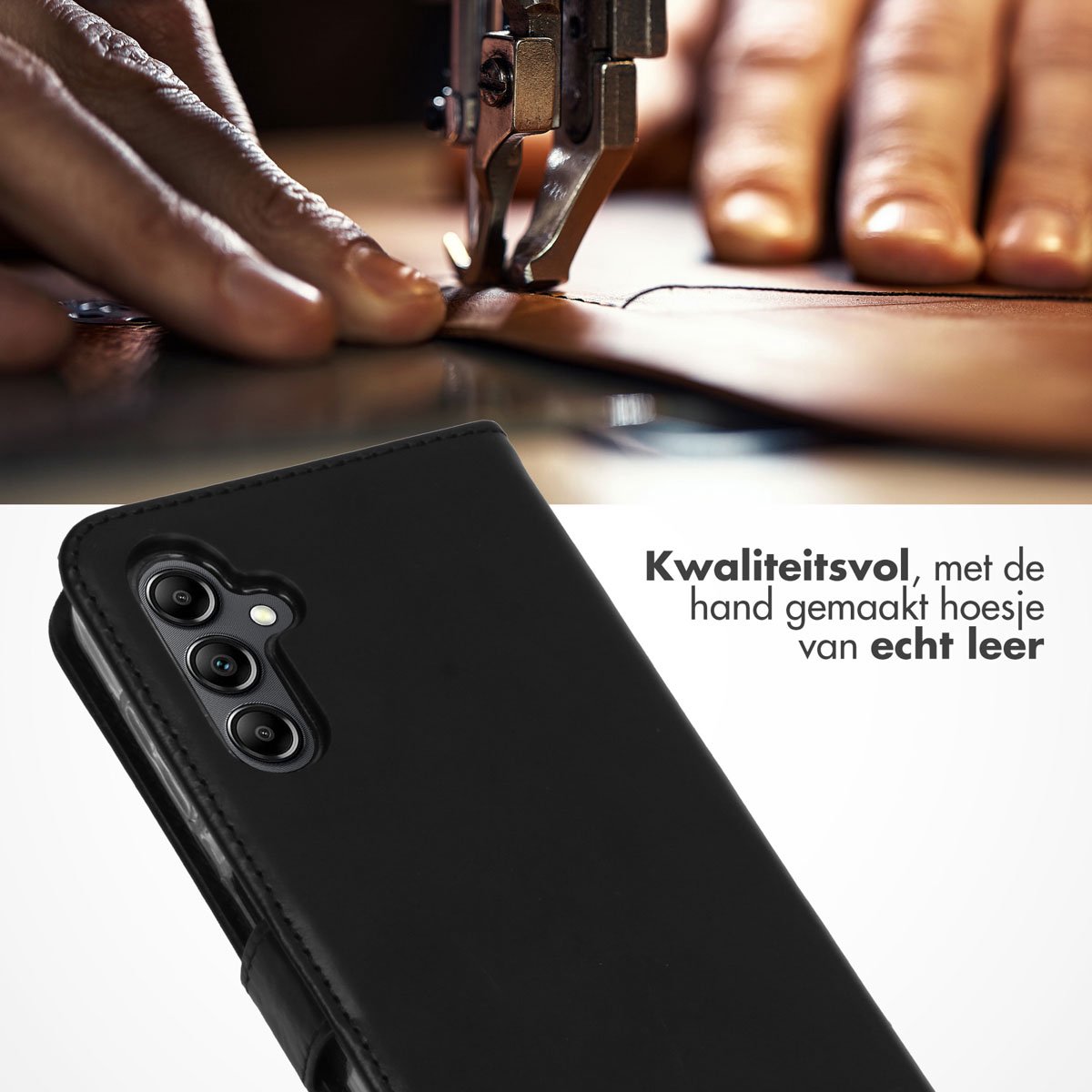 Selencia Hoesje - Geschikt voor Samsung Galaxy A14 (5G) / A14 (4G) - Echt Lederen Bookcase - Zwart