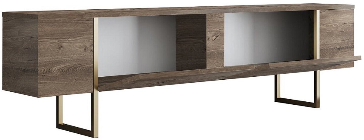 Vente-unique Tv-meubel met 2 deuren - Donker naturel en goud - ZIRELDA Natuurlijk donker