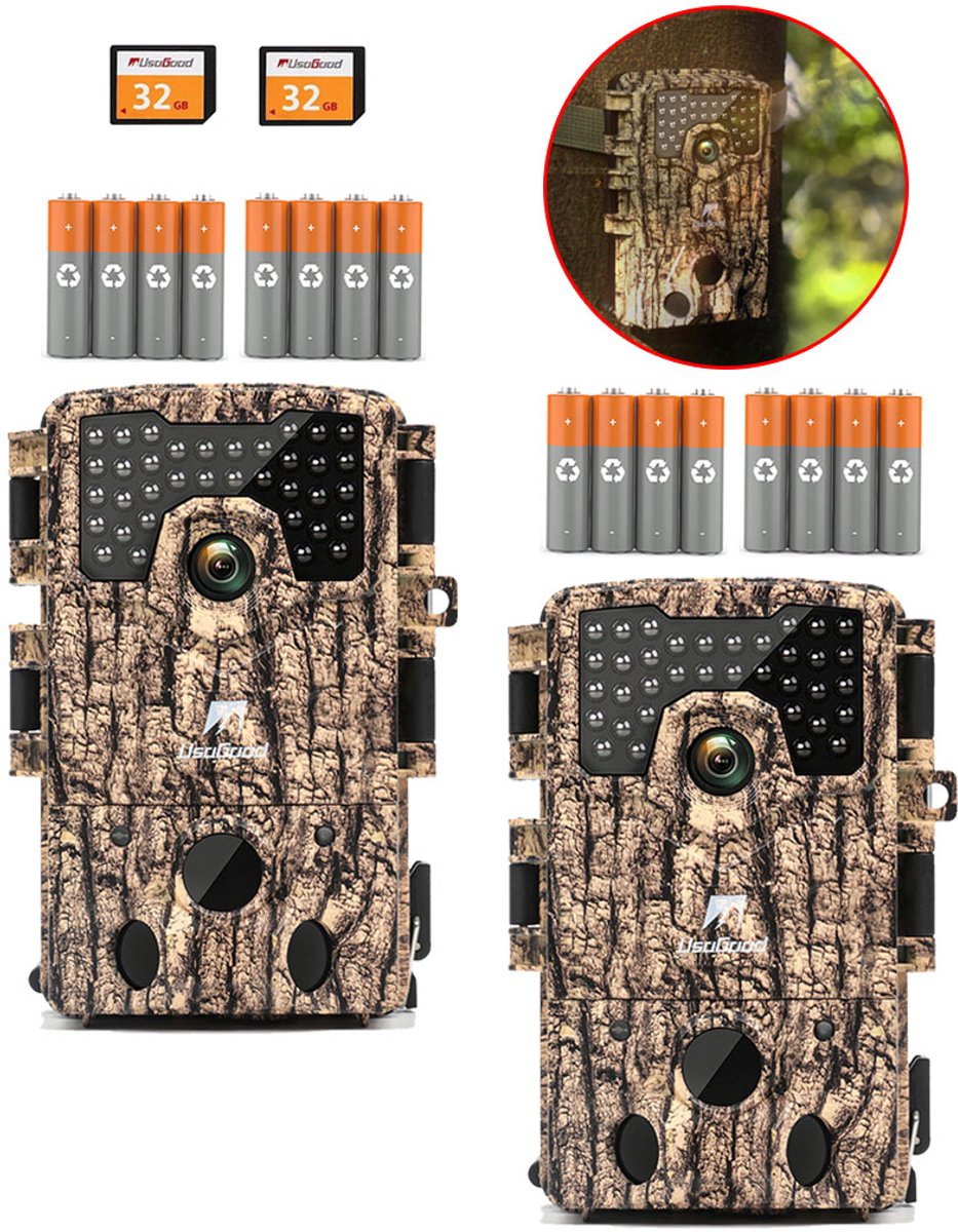 Wildcamera met Nachtzicht - Professionele Wildcamera voor Buiten - 4K Ultra HD 48MP - Wildlife Camera - Jachtcamera - Waterdicht - Incl. 32GB SD & 8 AA Batterijen - 2 stuks