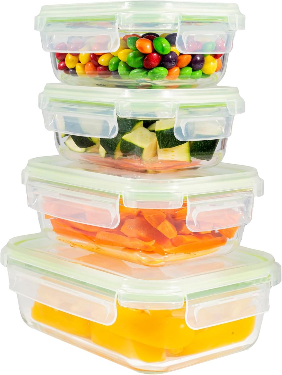 Famanu - Glazen vershoudbakjes, rechthoekig glas meal prep container met deksel, ruimtebesparend voor magnetron en vriezer (set 4, groen)