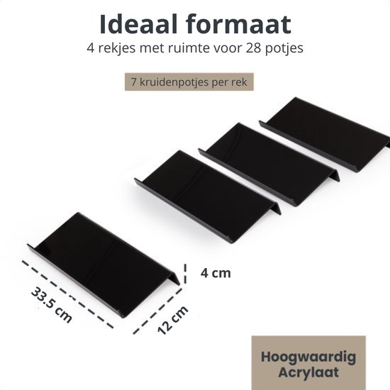 Vier zwarte acryl rekjes voor kruidenpotjes, 33.5 cm lang, 12 cm breed, 4 cm hoog.