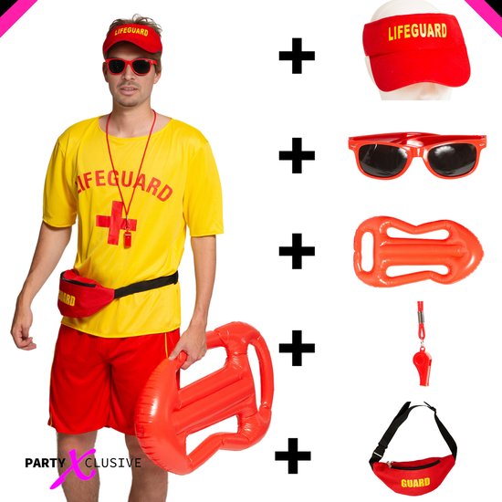 Partyxclusive7-Delig Sexy Lifeguard Strandwacht Baywatch Heren Kostuum Shirt/Broek/Tas/Hoed/Fluitje/Zonnebril/Opblaasbare boei Carnavalskleding Heren Carnaval Verkleedkleren Volwassenen - Polyester - Rood/geel - M