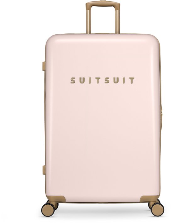 Lichtroze SUITSUIT koffer met gouden details en handvat.