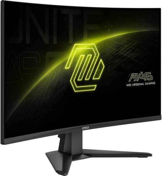 Gebogen MSI gaming monitor met een geel logo en 'MAG MSI ARSENAL GAMING' tekst.