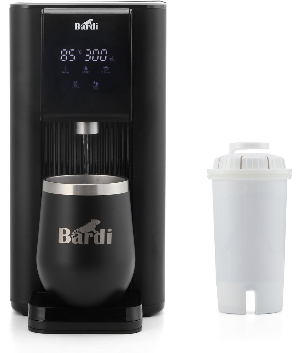 Bardi Heetwaterdispenser 2.6L – Instant Waterkoker met Touchscreen – 7 Temperatuurstanden & 5 Volumestanden – Inclusief STRIX Waterfilter, Thermosbeker & Onderzetter – Zwart