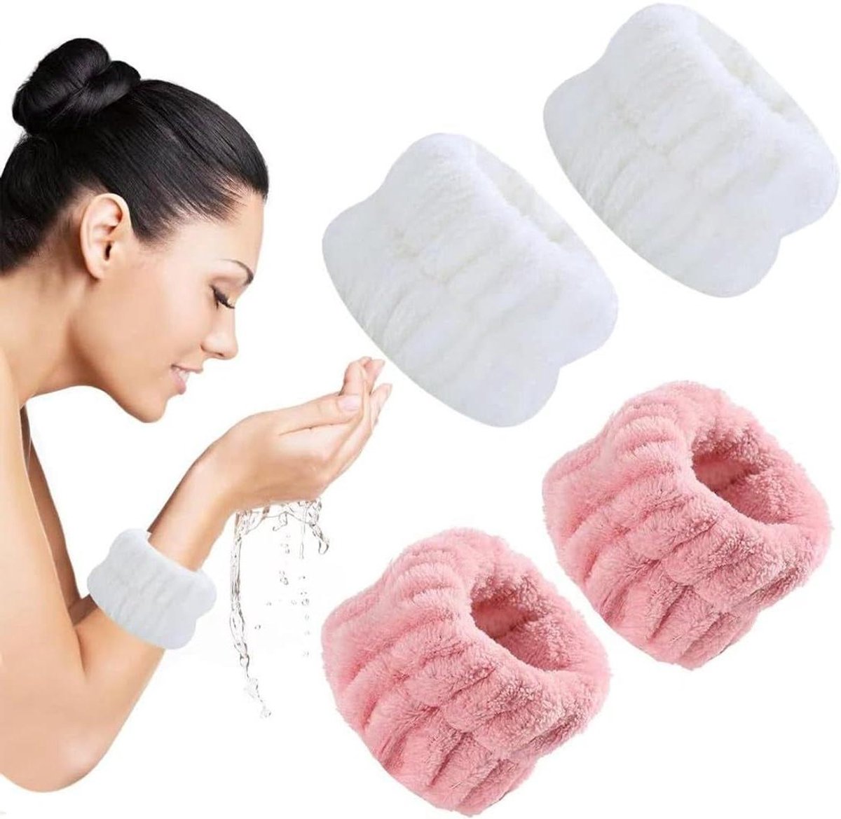 Cosensi - Set van 2 spa-polswasbanden in koraalroze en wit, absorberende armbanden voor het wassen van het gezicht, voorkomt morsen - Voor vrouwen. Houd de droger.