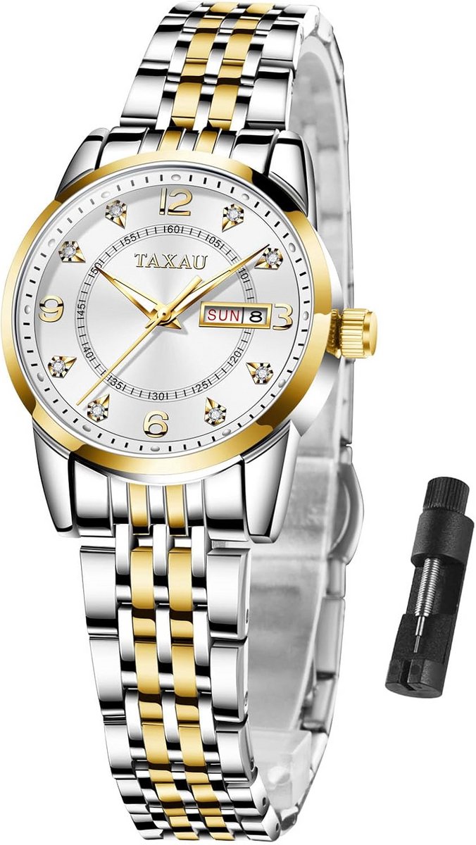 Elegante Damespolshorloge met Kleine Wijzerplaat en Datum - Klassiek Kwartshorloge met Goud- of Zilveren Roestvrijstalen Band