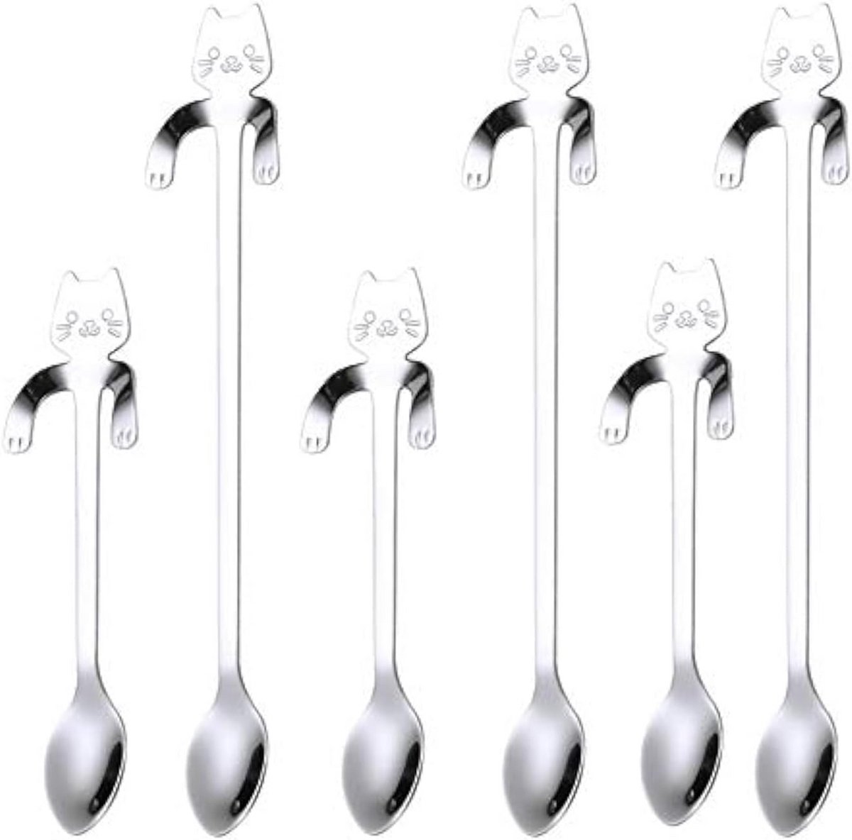 Roestvrijstalen Kattenlepel Set van 6 - 2 Lengtes voor Koffie, Thee, Dessert & Milkshakes